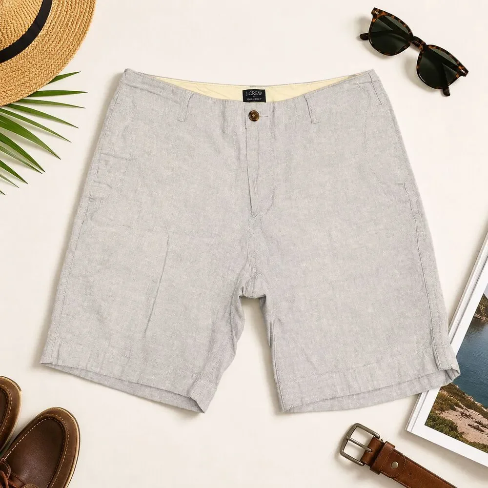 J.Crew Gramercy Mens Shorts 33 Blue Linen Cotton Blend Flat Front Preppy